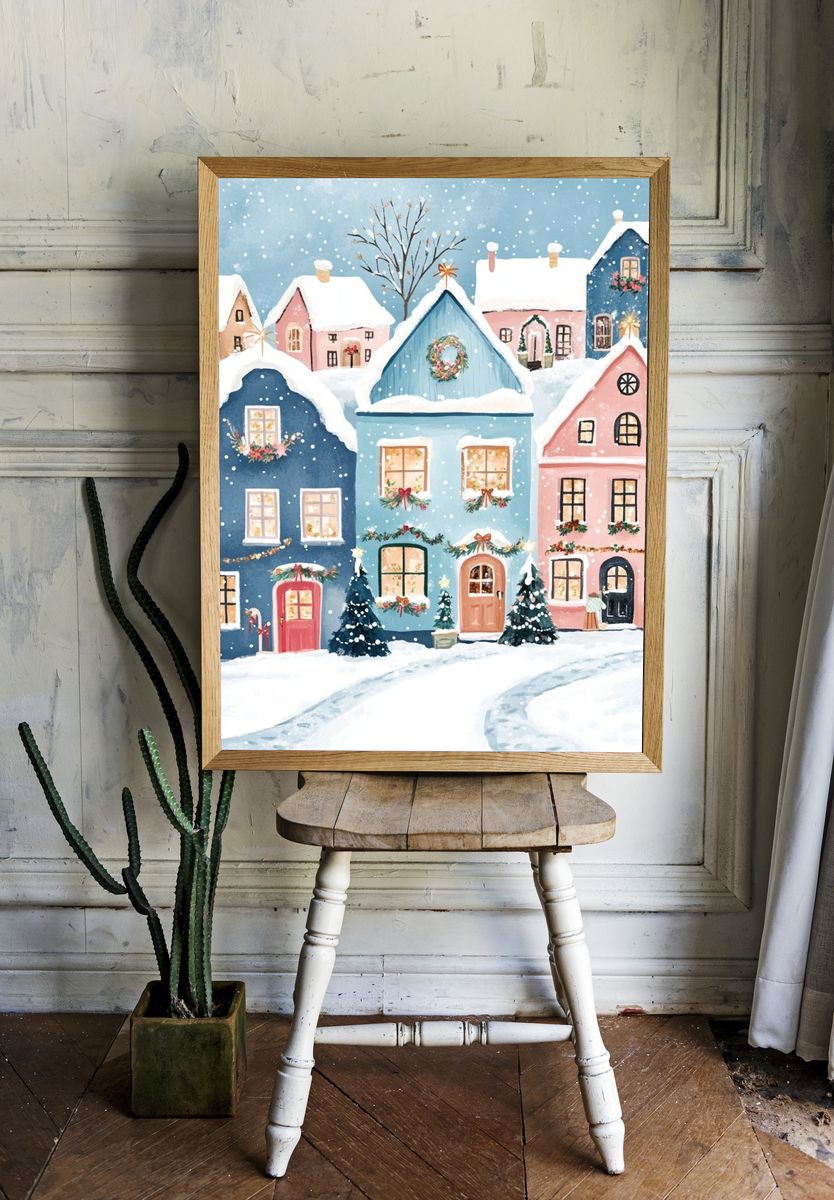 Snowy Christmas Village Illustration Poster. room preview