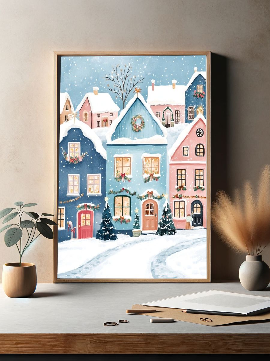 Snowy Christmas Village Illustration Poster. — room view 2