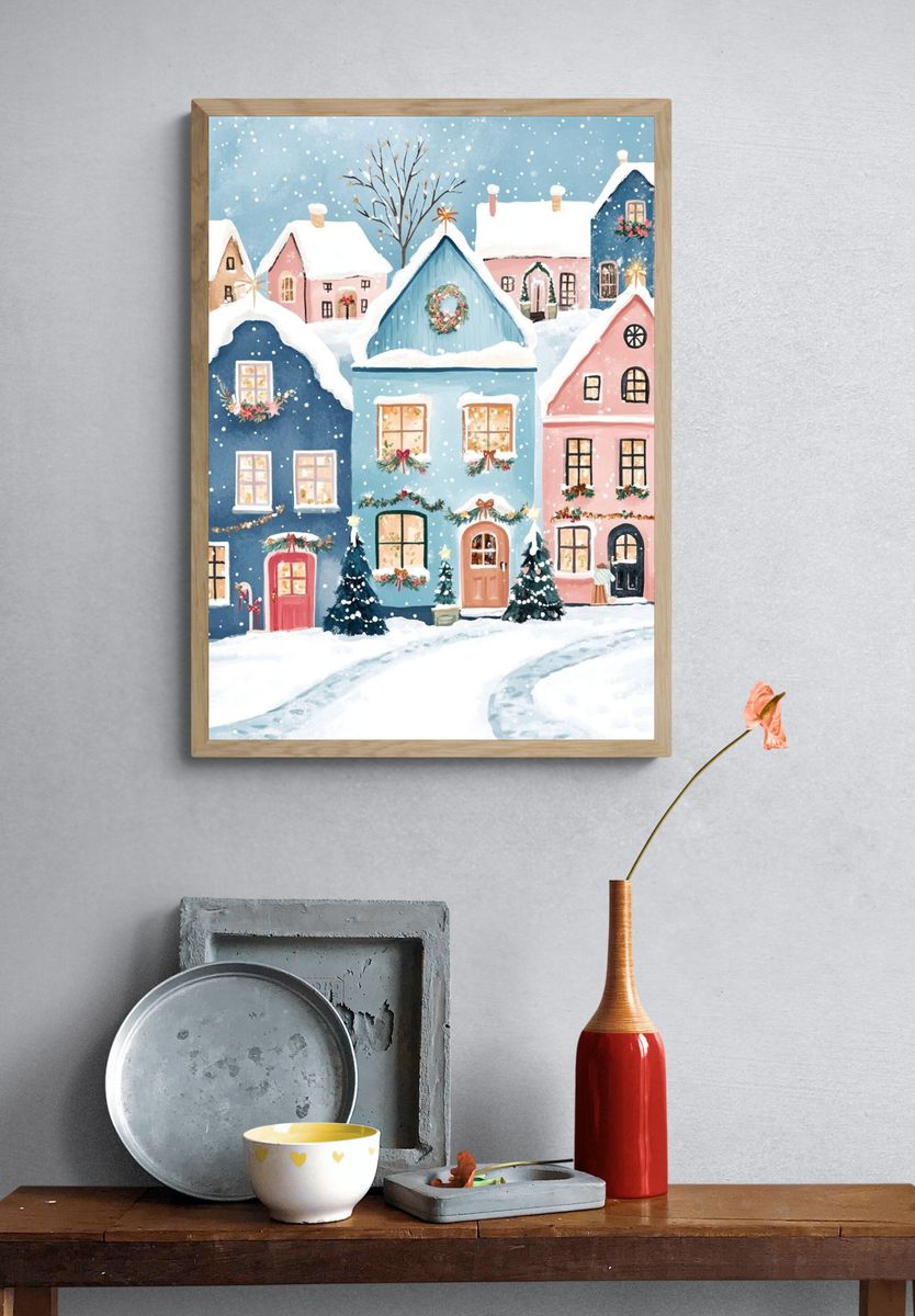 Snowy Christmas Village Illustration Poster. — room view 3