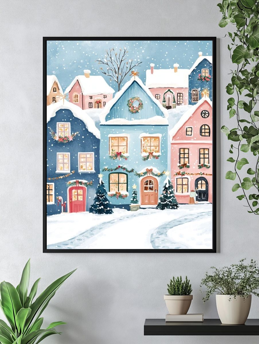 Snowy Christmas Village Illustration Poster. — room view 4