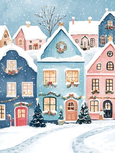 Snowy Christmas Village Illustration Poster.