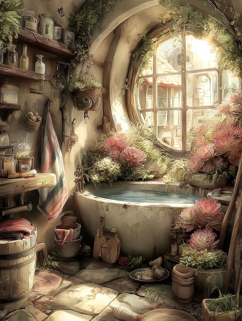 Sunlit Cottage Bath Illustration Poster. poster detail