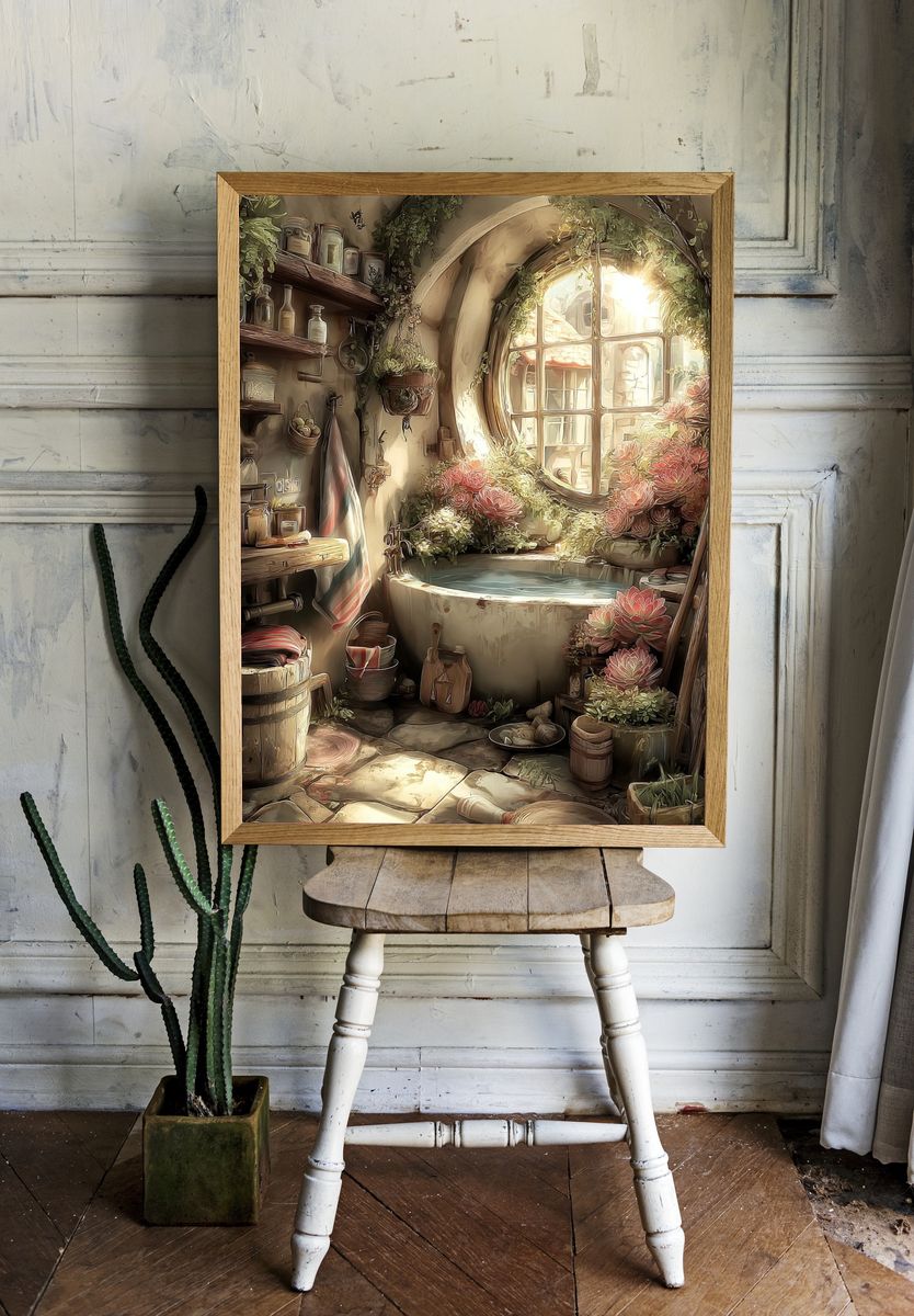 Sunlit Cottage Bath Illustration Poster room preview