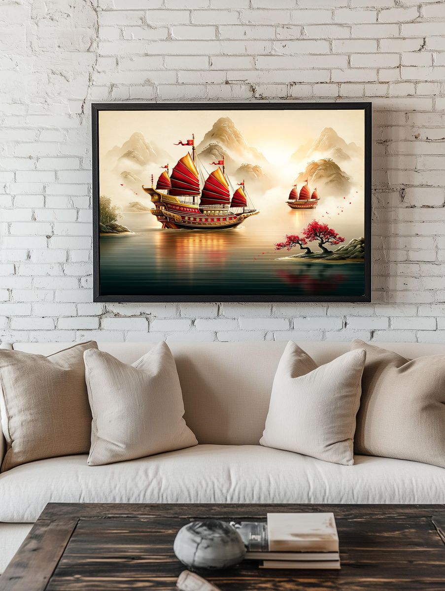 Red Sailboats on Misty River Print. room preview