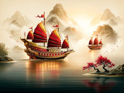 Red Sailboats on Misty River Print.