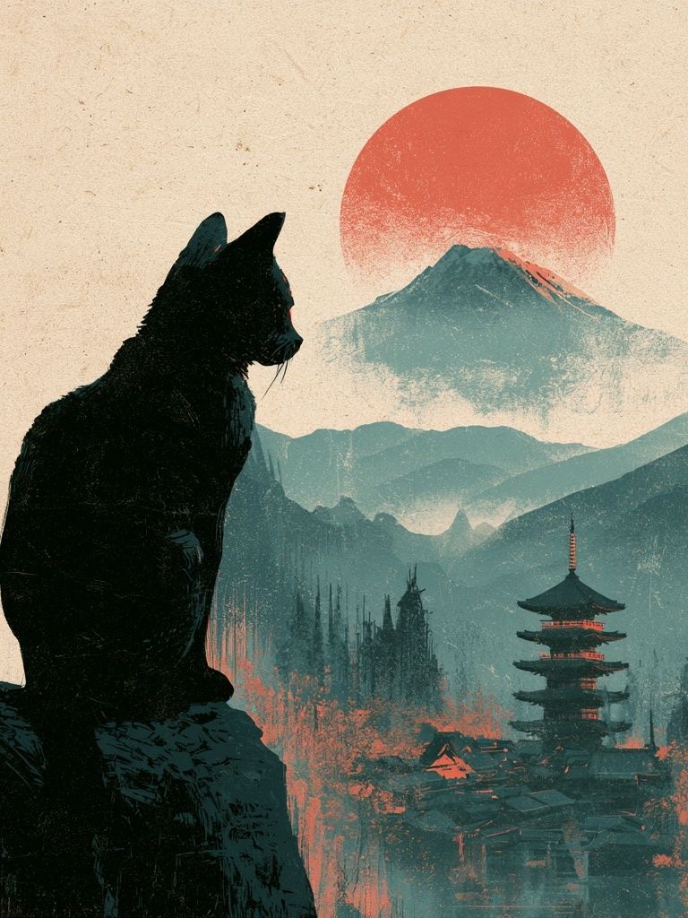 Cat and Mount Fuji Illustration Poster. poster — illustration art