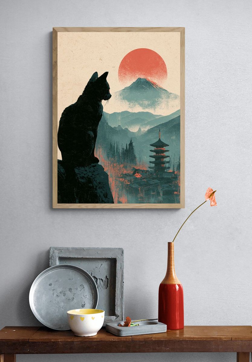 Cat and Mount Fuji Illustration Poster. — room view 3