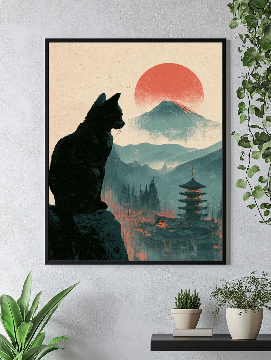 Cat and Mount Fuji Illustration Poster. — room view 4