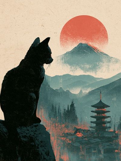 Cat and Mount Fuji Illustration Poster. poster
