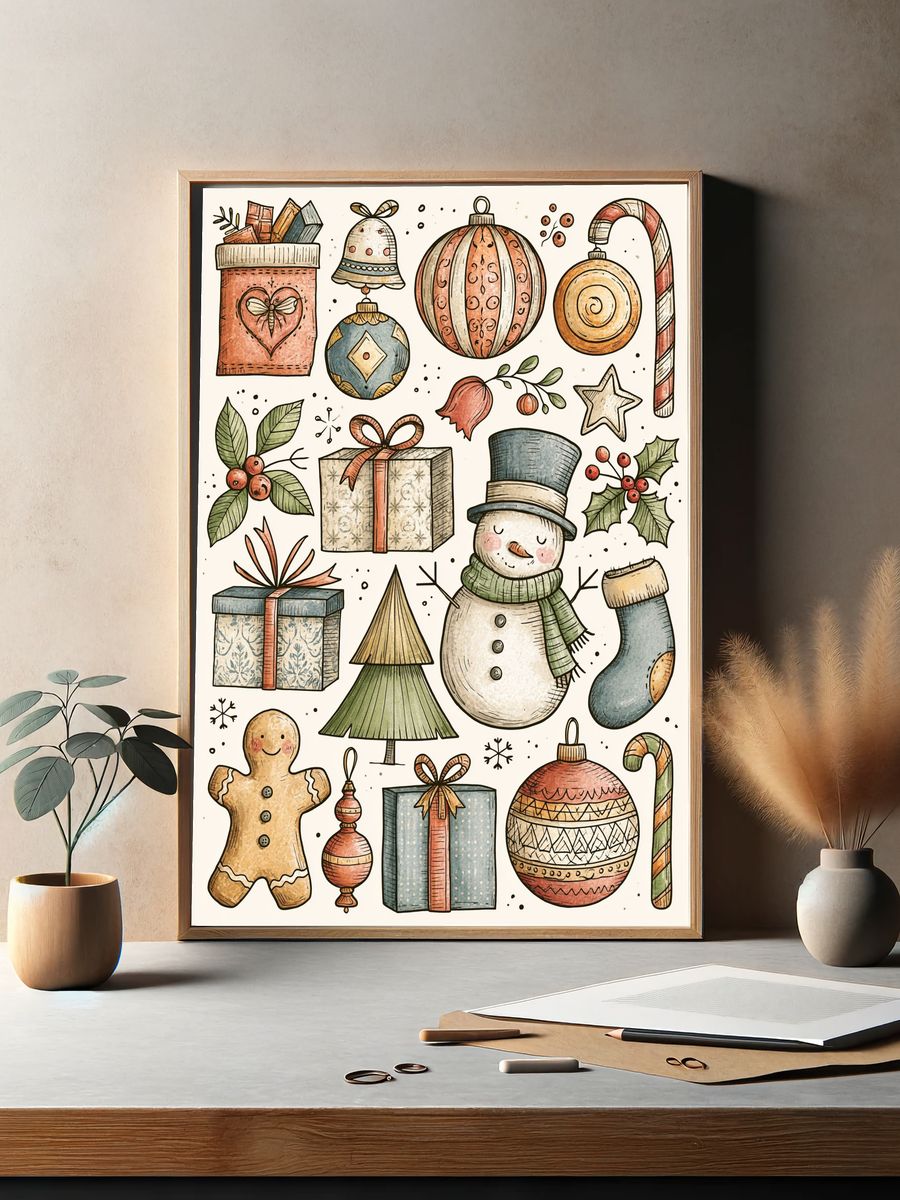 Whimsical Christmas Ornaments Illustration Poster. — room view 2