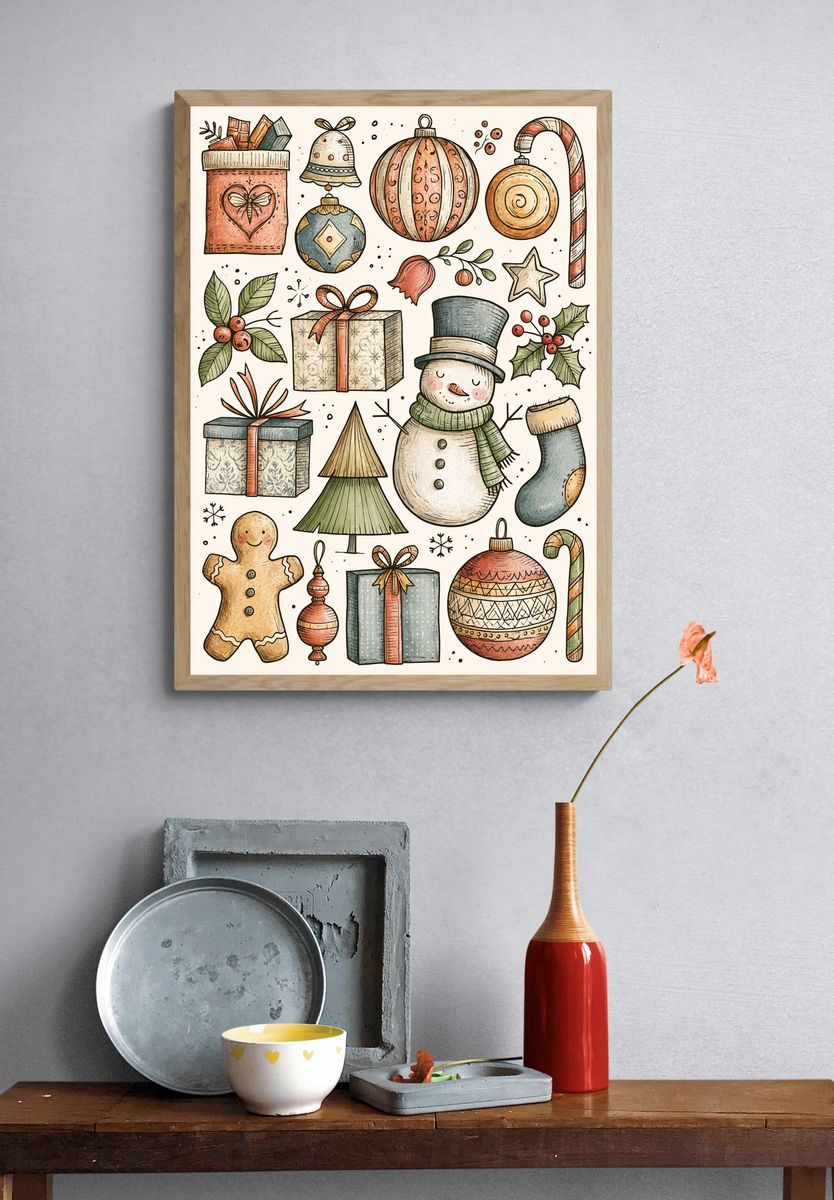 Whimsical Christmas Ornaments Illustration Poster. — room view 3