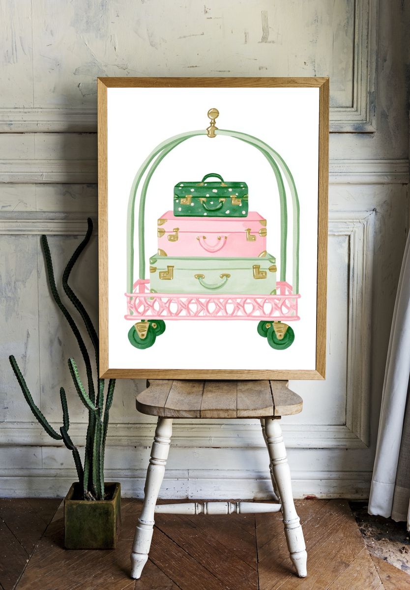 Pastel Luggage Cart Illustration Print. room preview