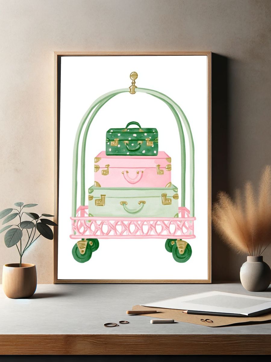 Pastel Luggage Cart Illustration Print. — room view 2