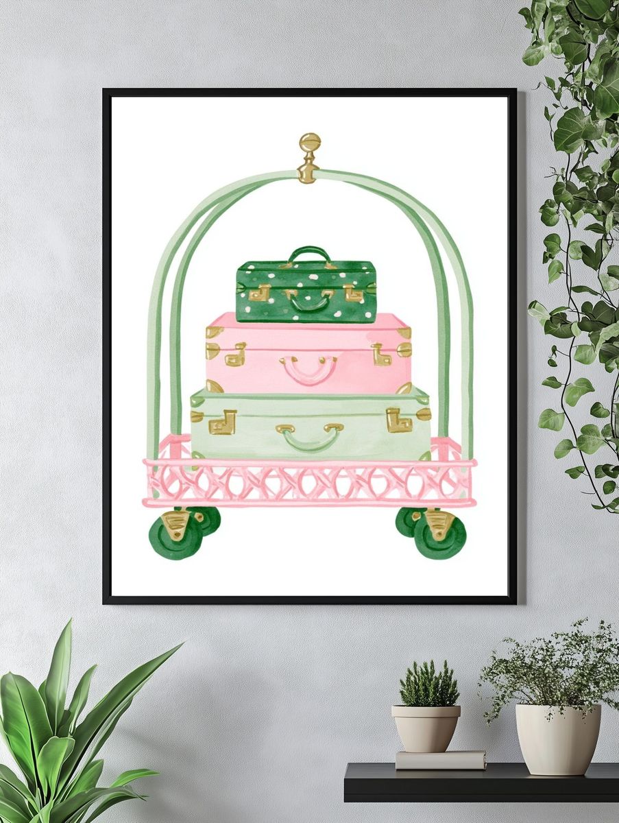 Pastel Luggage Cart Illustration Print. — room view 4