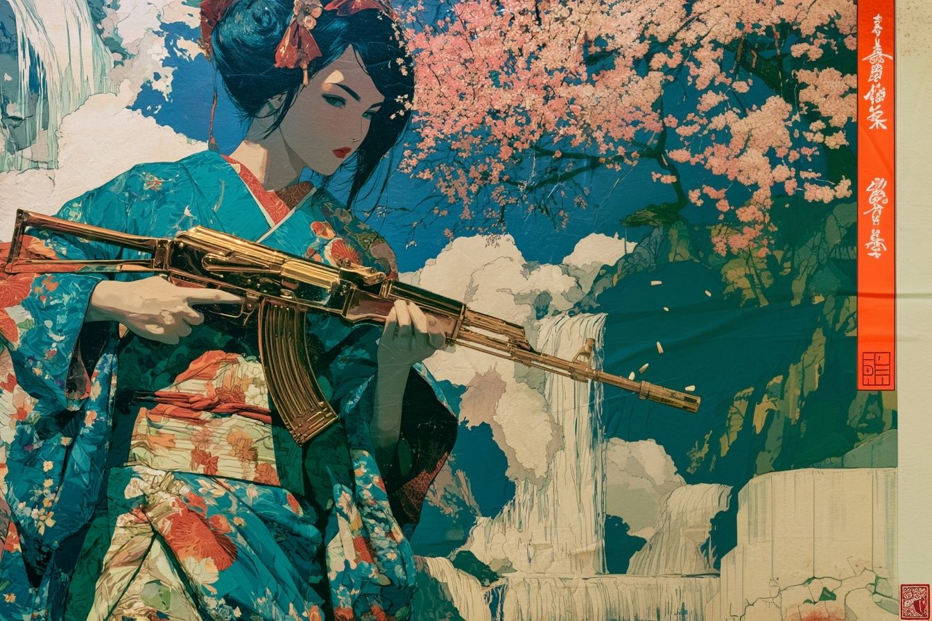 Geisha with Rifle Illustration Poster. poster detail