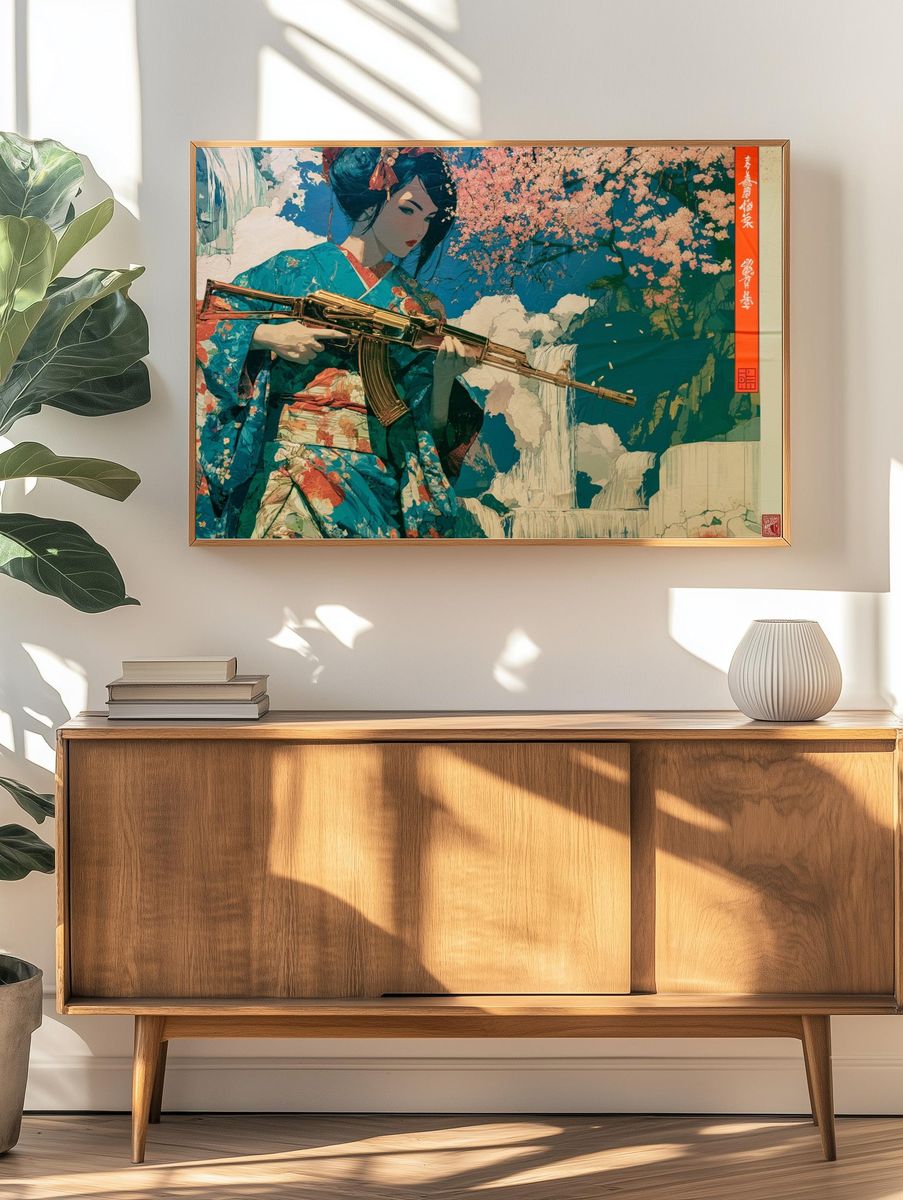 Geisha with Rifle Illustration Poster. — room view 3