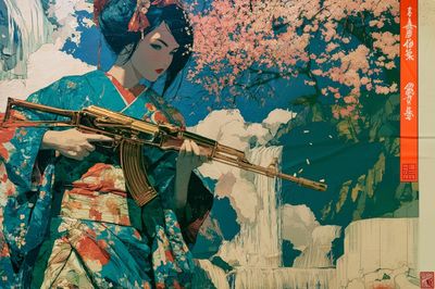 Geisha with Rifle Illustration Poster. poster