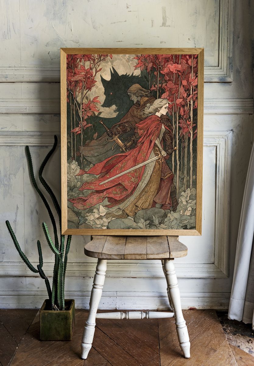 Fantasy Warrior and Wolf — Illustration Print. — room view 1