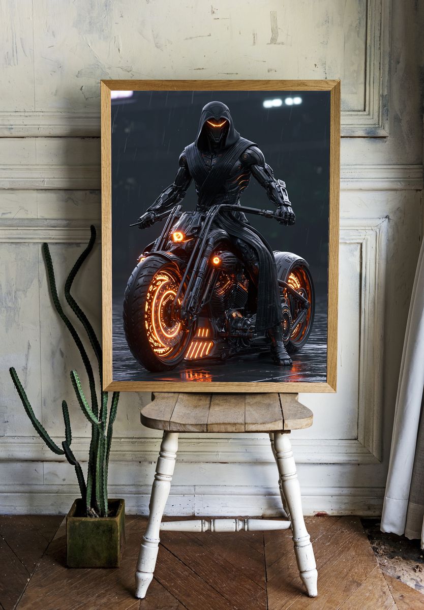 Cyberpunk Hooded Rider Poster. room preview