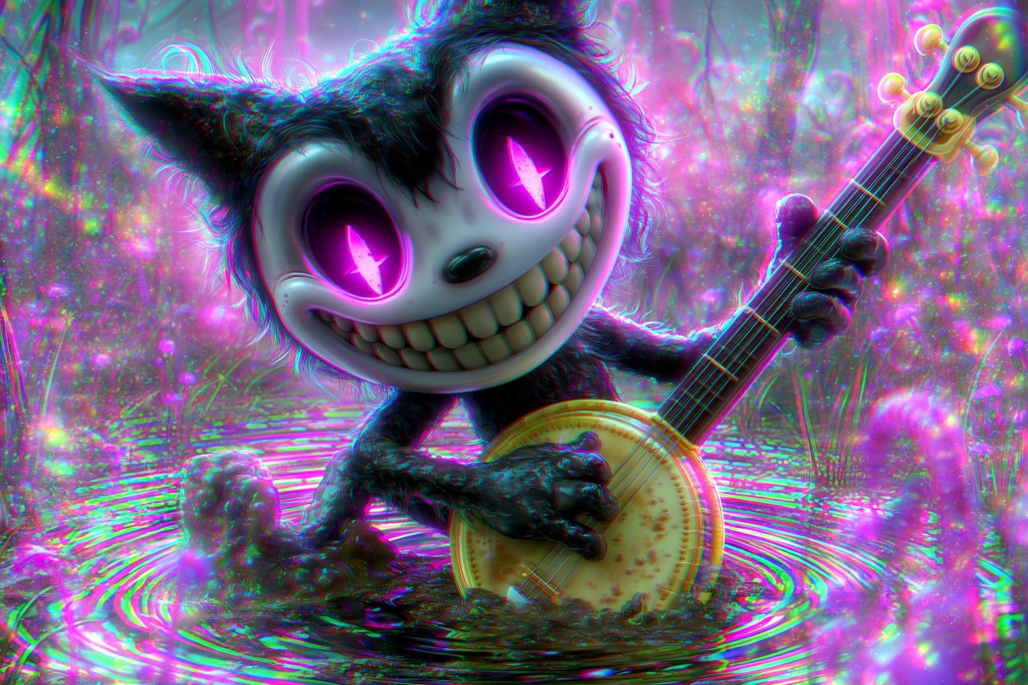Neon Cat Banjo Illustration Poster. poster detail