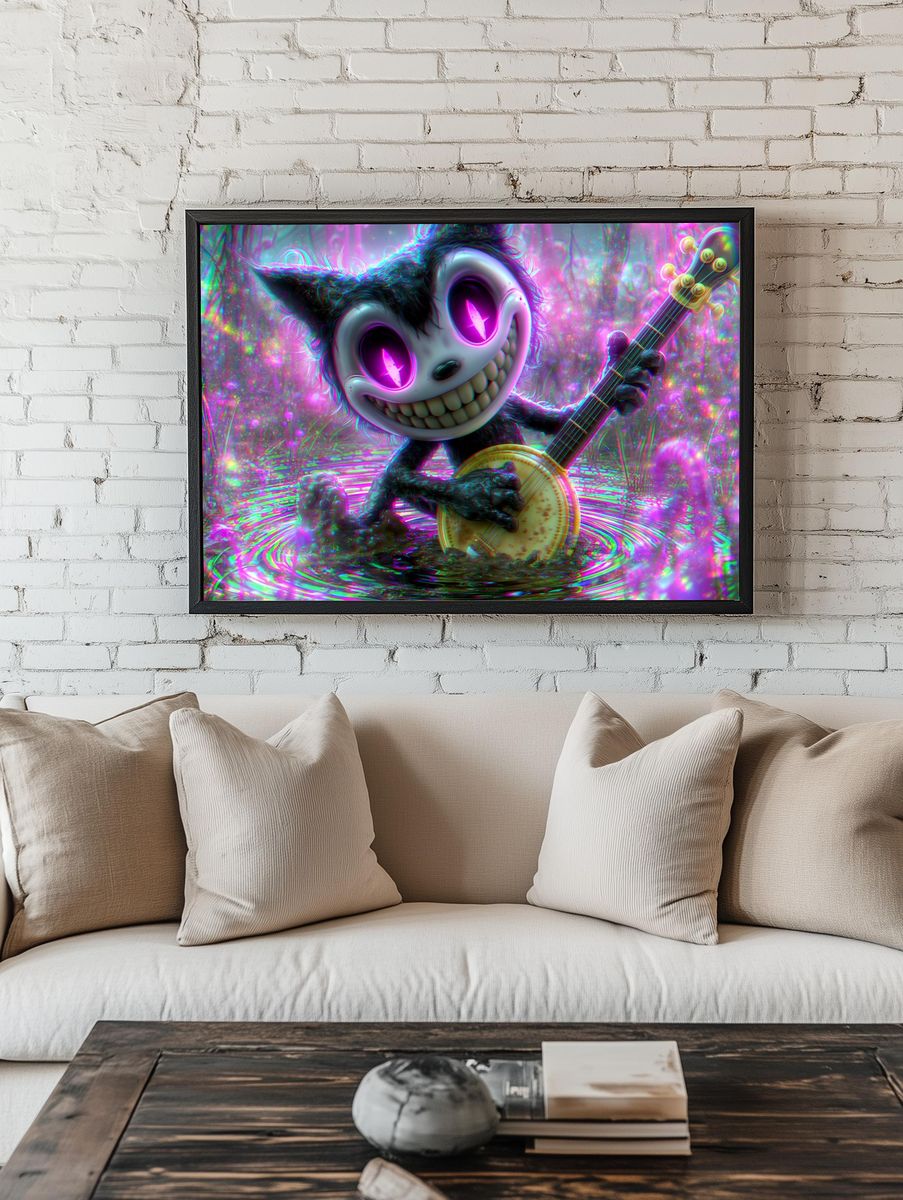 Neon Cat Banjo Illustration Poster. room preview