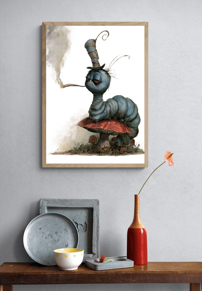 Surreal Caterpillar Mushroom Print. — room view 3