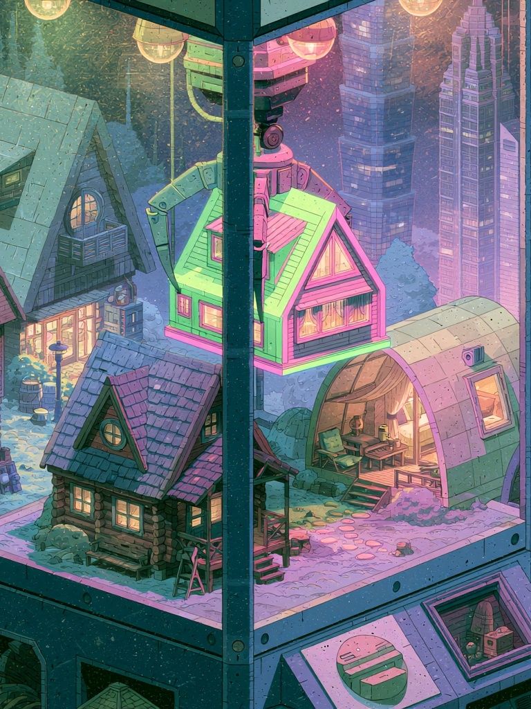Neon Snow Village Illustration Poster. poster detail