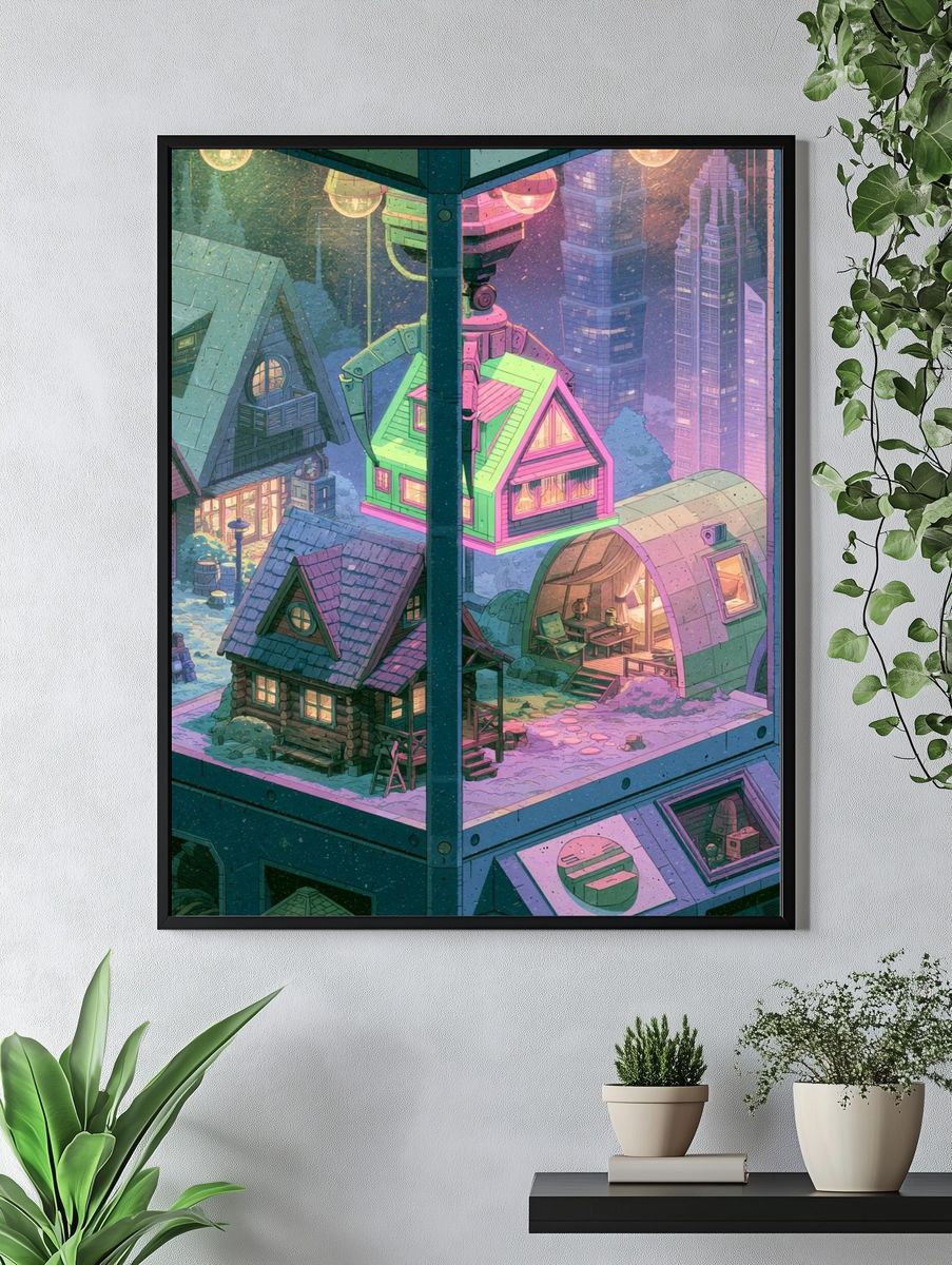 Neon Snow Village Illustration Poster. — room view 4