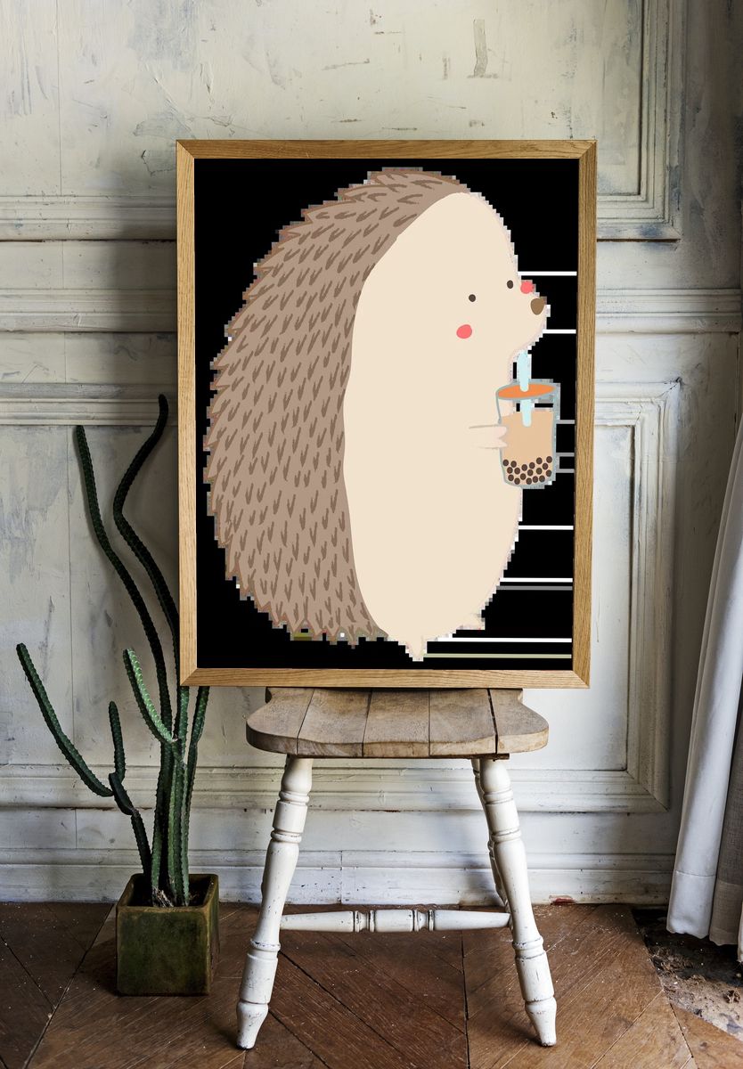 Cute porcupine drinking bubble tea. room preview