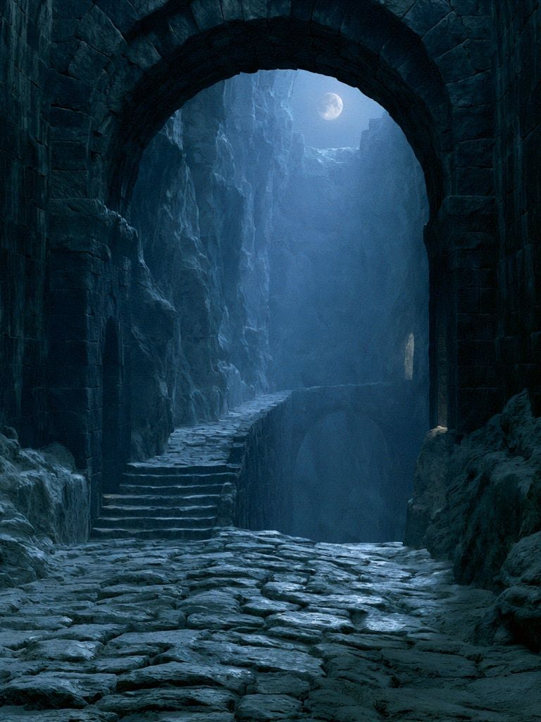 Moonlit Stone Passage Fantasy Print. poster — illustration art
