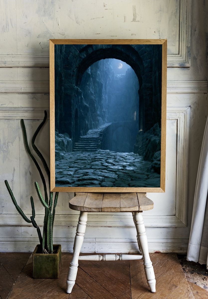 Moonlit Stone Passage Fantasy Print. — room view 1