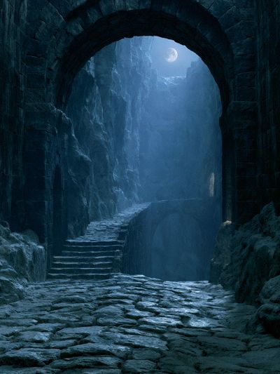 Moonlit Stone Passage Fantasy Print. poster