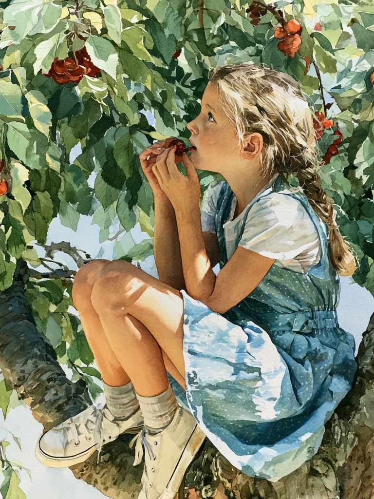 Cherry Tree Girl Watercolor Print. poster detail