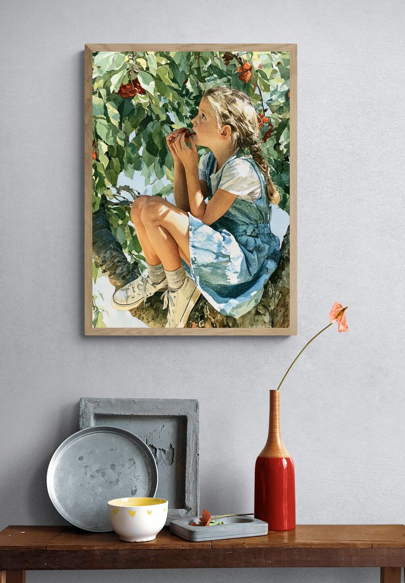 Cherry Tree Girl Watercolor Print. — room view 3