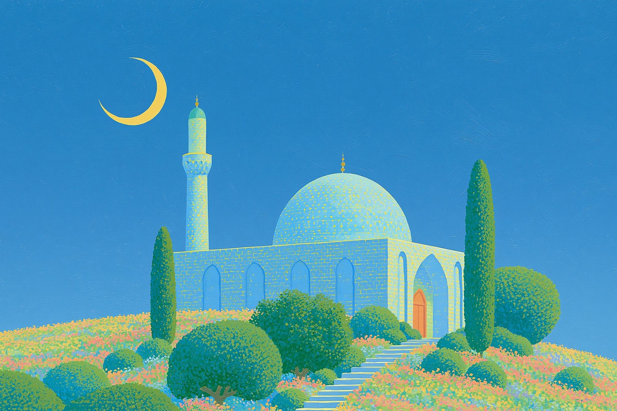 Moonlit Mosque Garden Illustration Poster. poster — illustration art