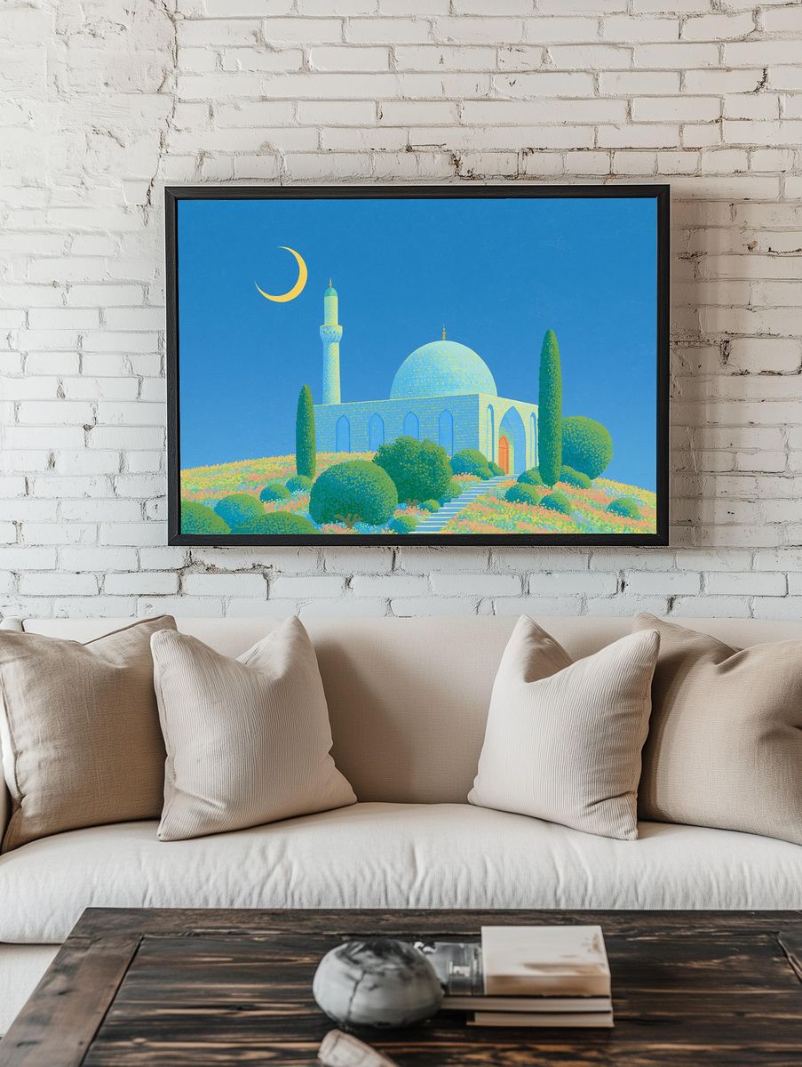 Moonlit Mosque Garden Illustration Poster. — room view 1