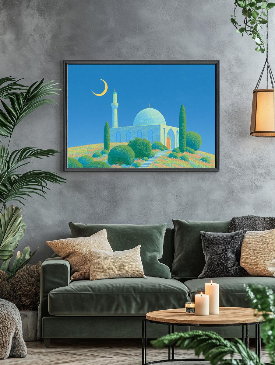 Moonlit Mosque Garden Illustration Poster. — room view 4