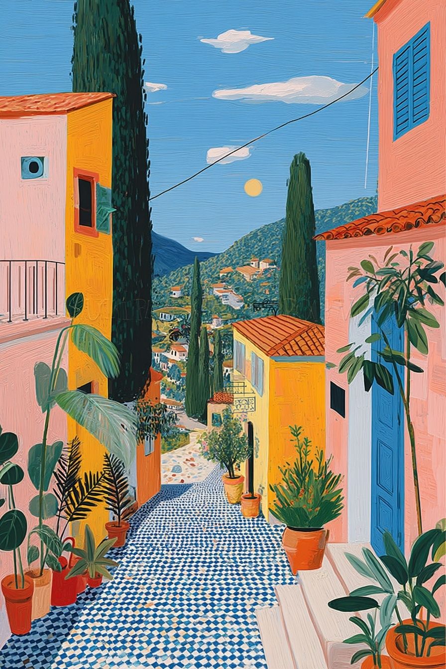 Mediterranean Village Street Illustration Poster. poster detail