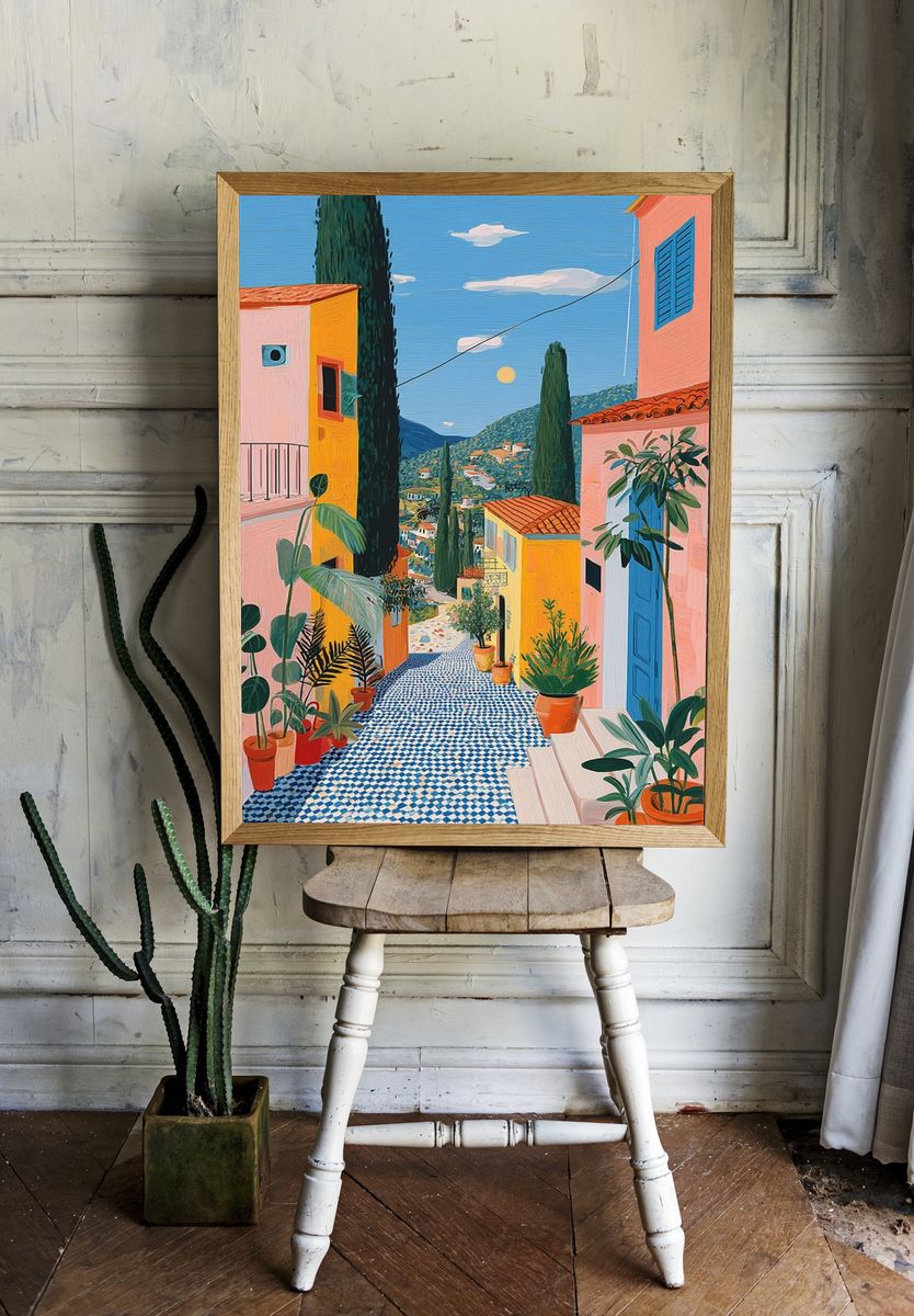 Mediterranean Village Street Illustration Poster. room preview