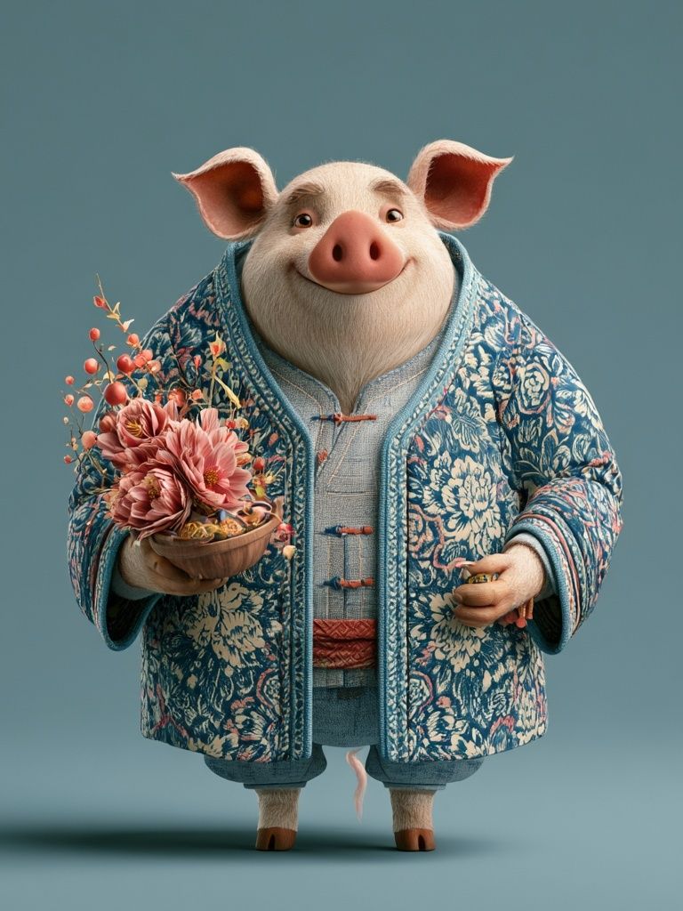Floral Pig Portrait Illustration Poster. poster — illustration art