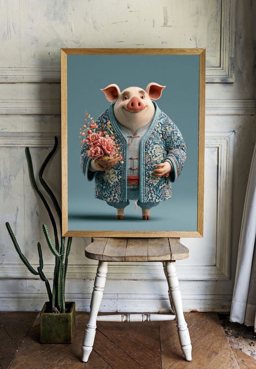 Floral Pig Portrait Illustration Poster. — room view 1