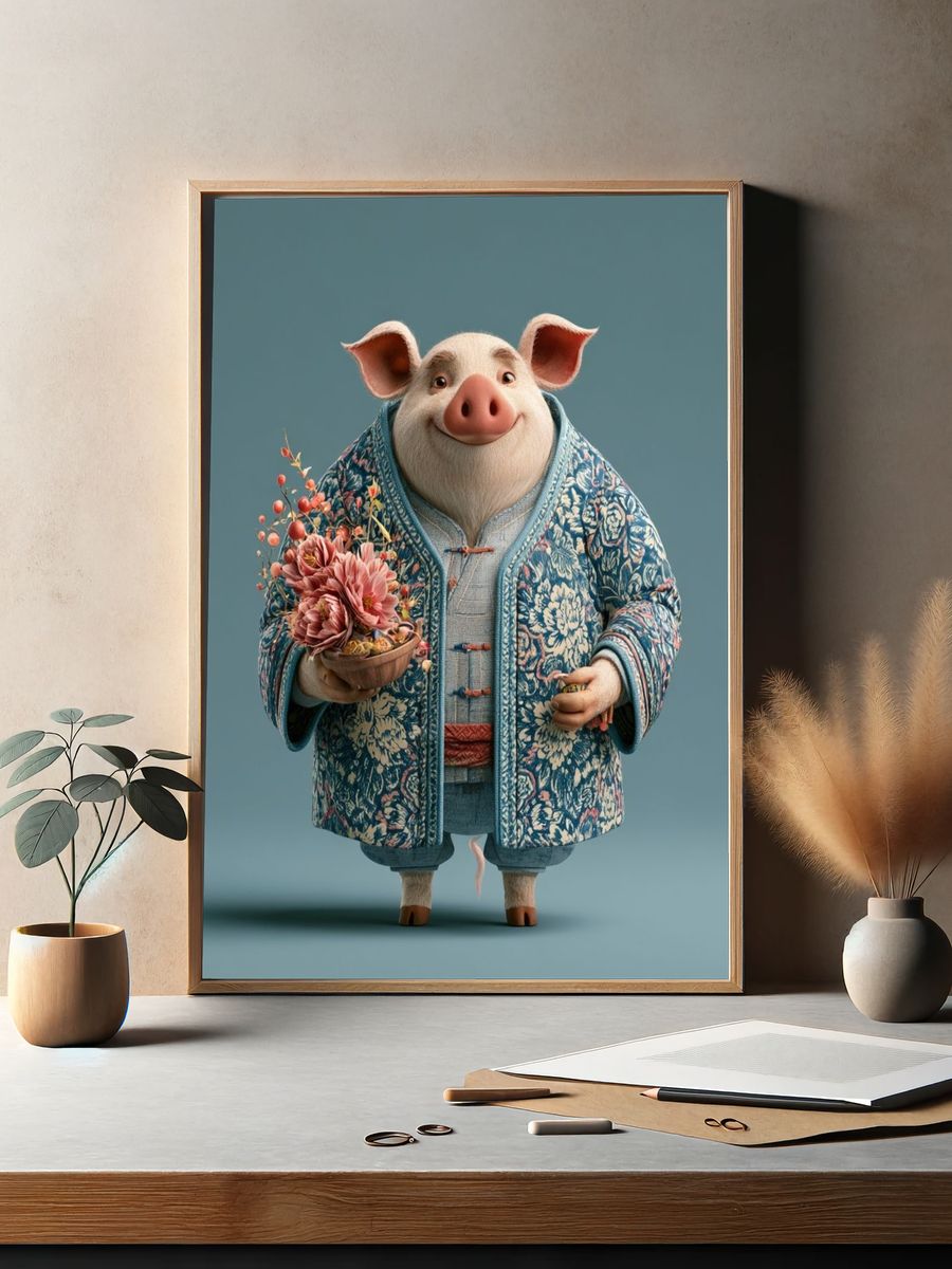 Floral Pig Portrait Illustration Poster. — room view 2