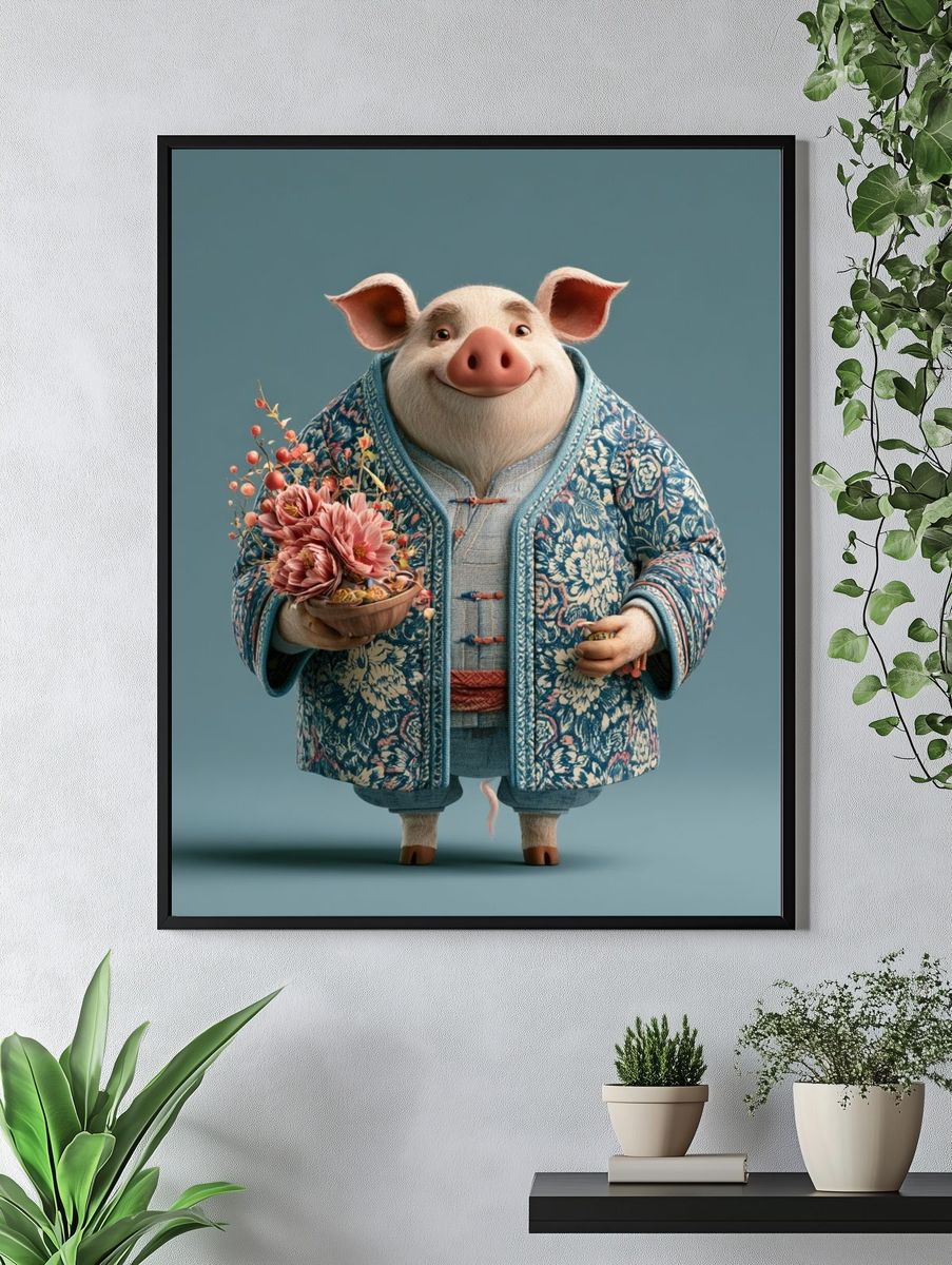 Floral Pig Portrait Illustration Poster. — room view 4