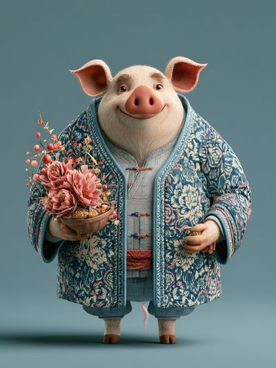 Floral Pig Portrait Illustration Poster. poster