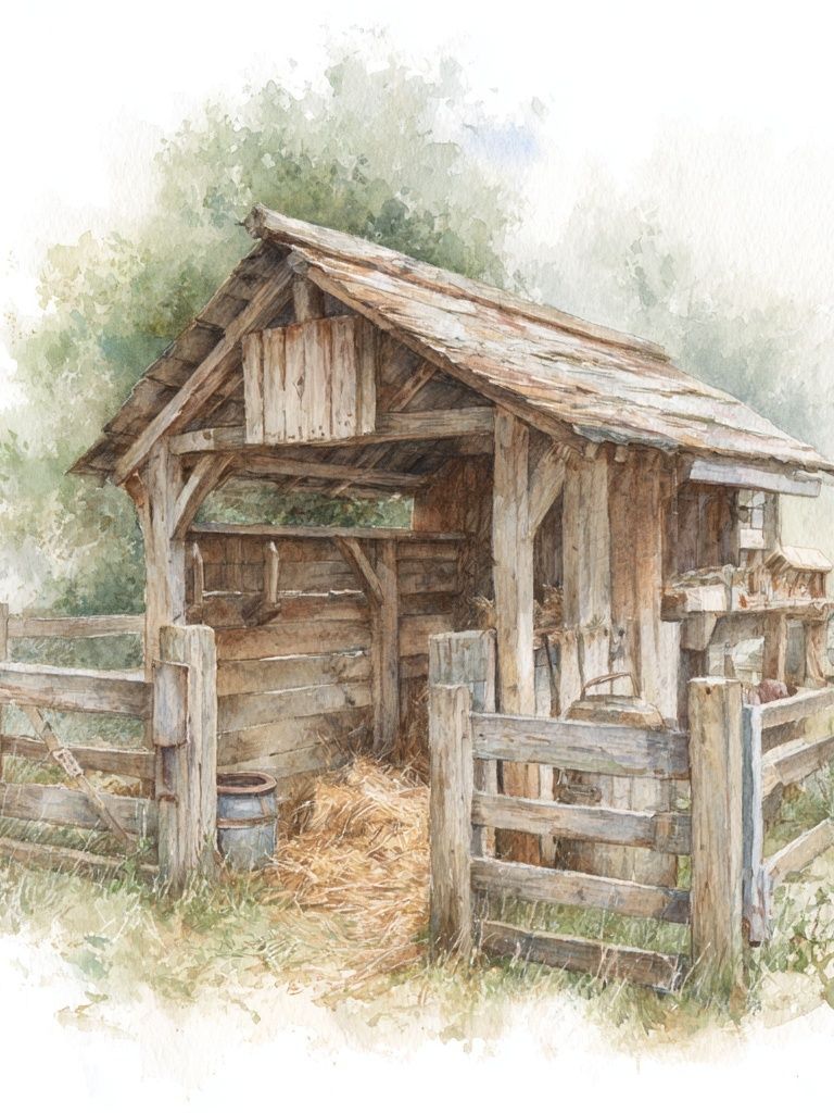 Rustic Farm Shed Watercolor Print. poster — illustration art