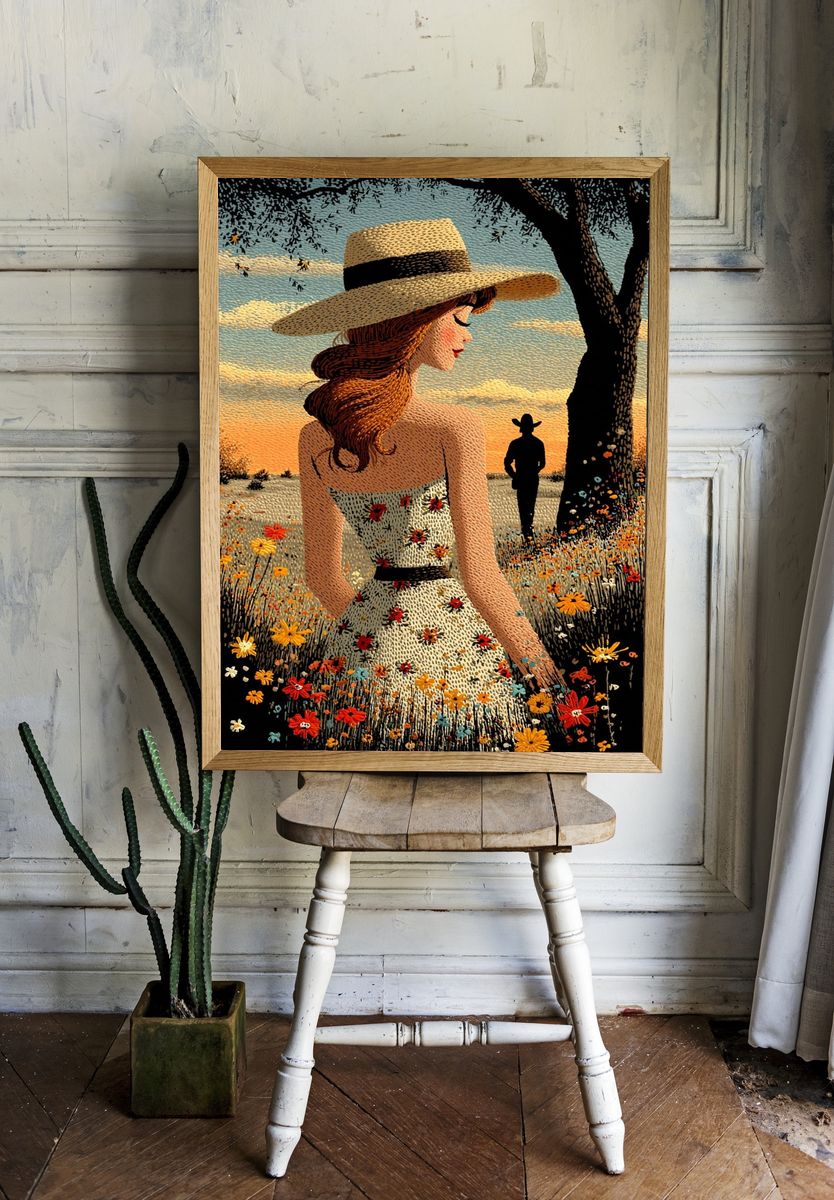 Sunlit Cowgirl Field Illustration Poster. room preview