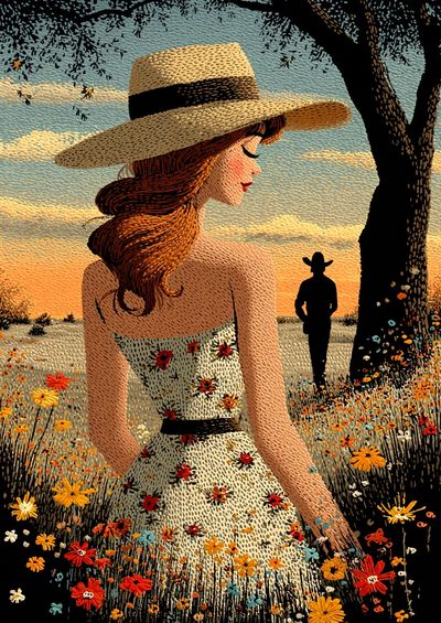 Sunlit Cowgirl Field Illustration Poster. poster print