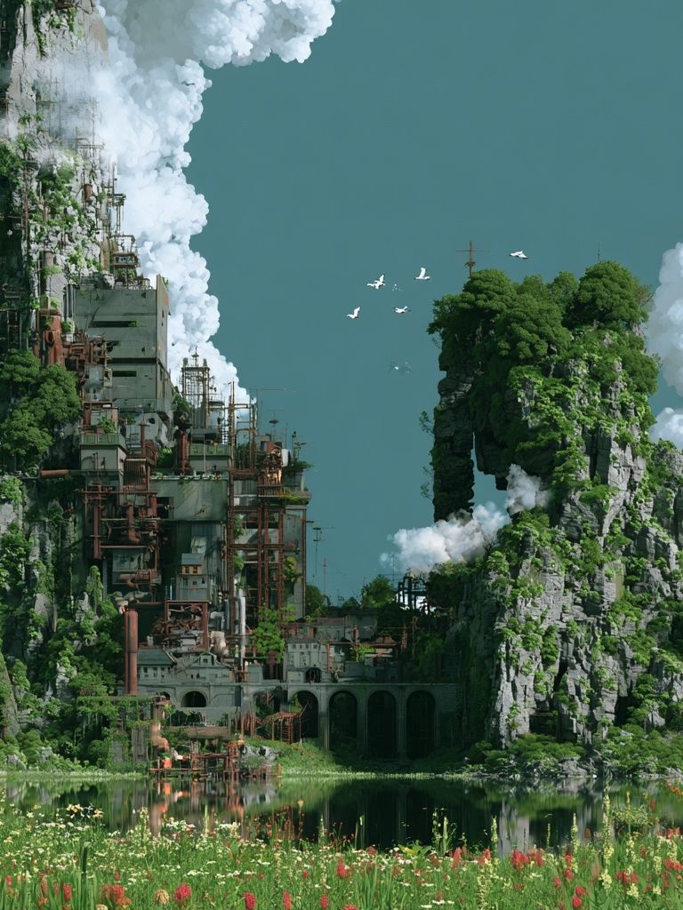 Floating Cliff Cityscape Illustration Poster. poster detail