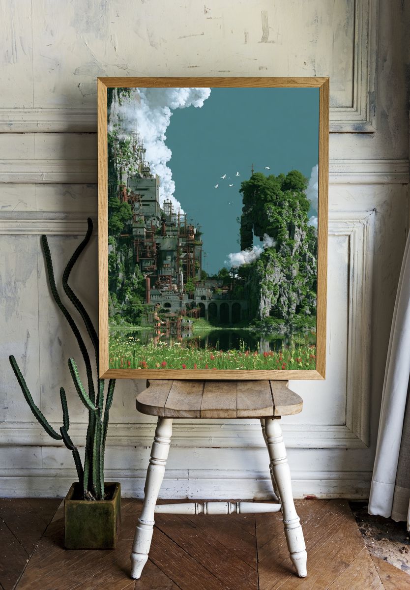 Floating Cliff Cityscape Illustration Poster. — room view 1
