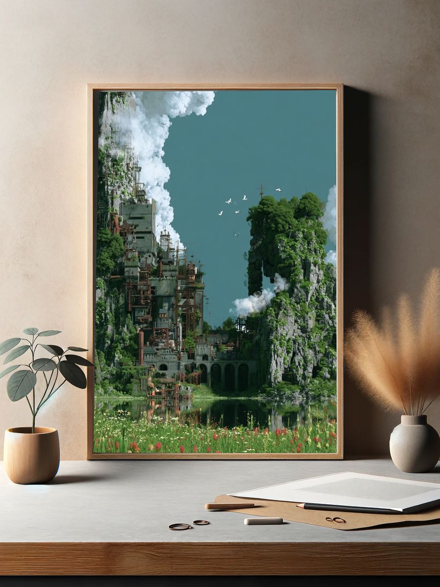 Floating Cliff Cityscape Illustration Poster. — room view 2